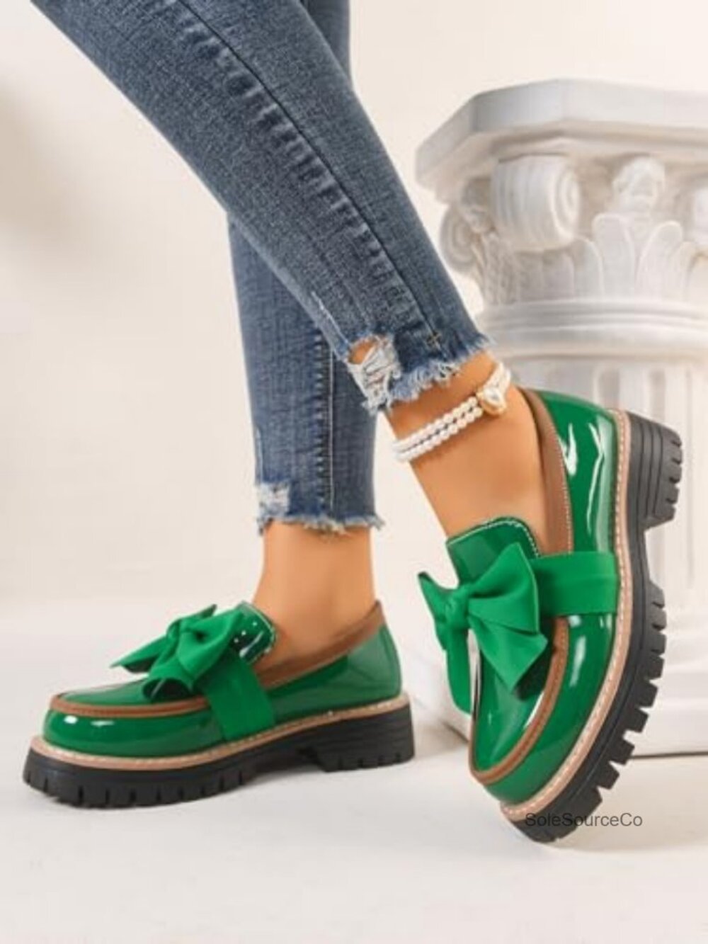Bowknot Thick Sole Loafers, Platform Chunky Heel Lug Sole, Work Casual Patent - Picture 3 of 4